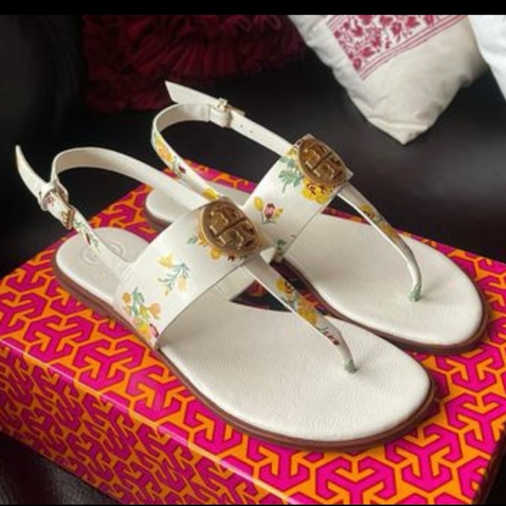 TORY BURCH Benton White Floral Leather Sandals NWOT - Picture 2 of 6